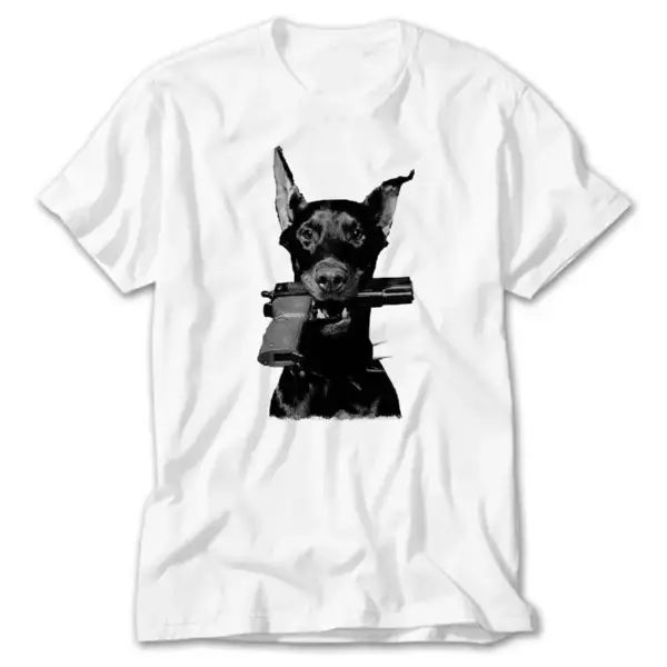 Doberman with Gun, White T-Shirt