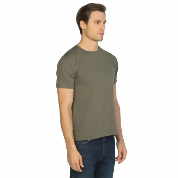 Crew Neck, Lycra Men's Khaki T-Shirt - Image 3