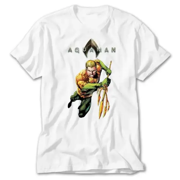 Justice League Aquaman Jump with Spear, White T-Shirt