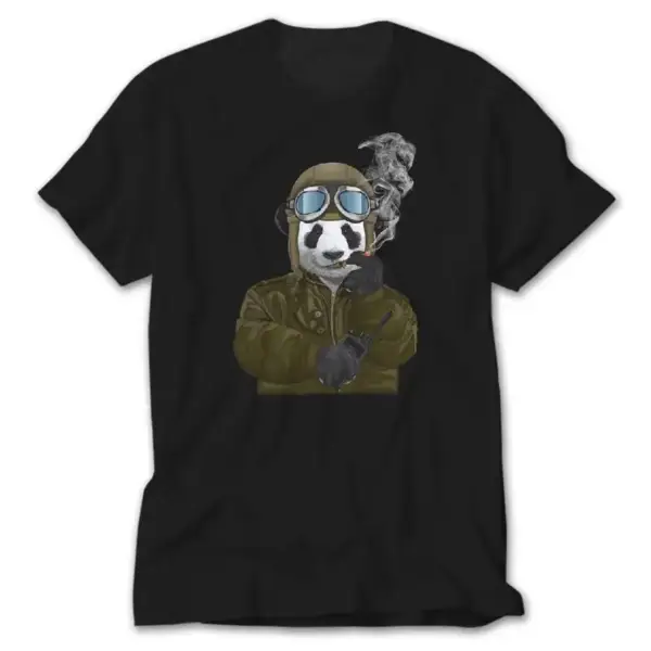 Panda Military Pilot, Black T-Shirt